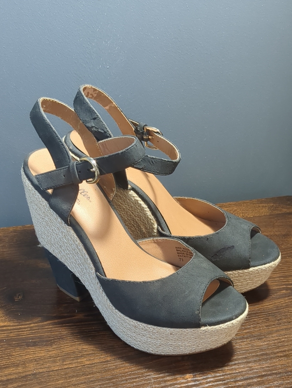 Seychelles Dark Gray Espadrille Peep-Toe Wedge Sandals, With Flaws,Sz 7.5